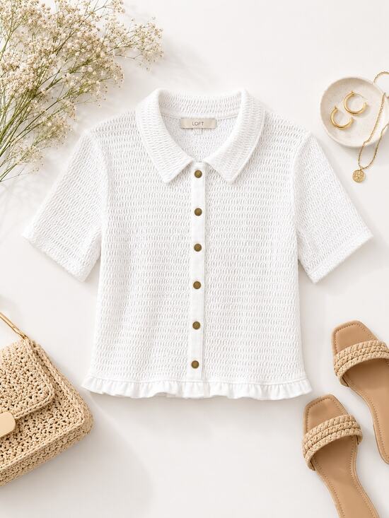 LOFT Tops - LOFT Textured Smocked Button Front Blouse White Short Sleeve Collared Top Size M